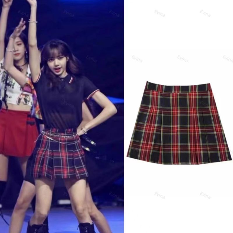 Set áo polo kèm chân váy kẻ sọc đỏ đen Lisa Blackpink