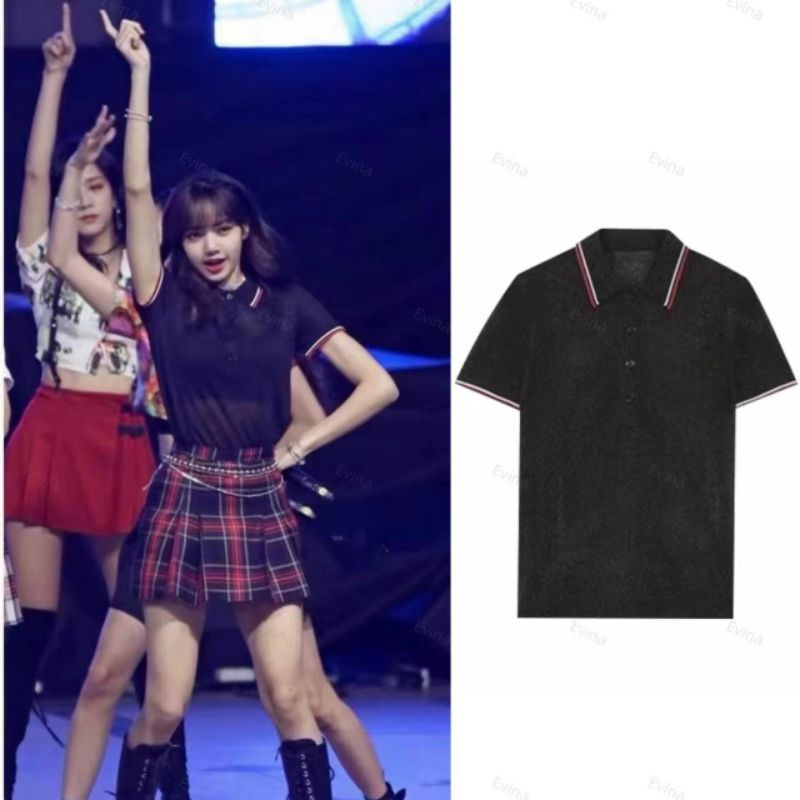 Set áo polo kèm chân váy kẻ sọc đỏ đen Lisa Blackpink