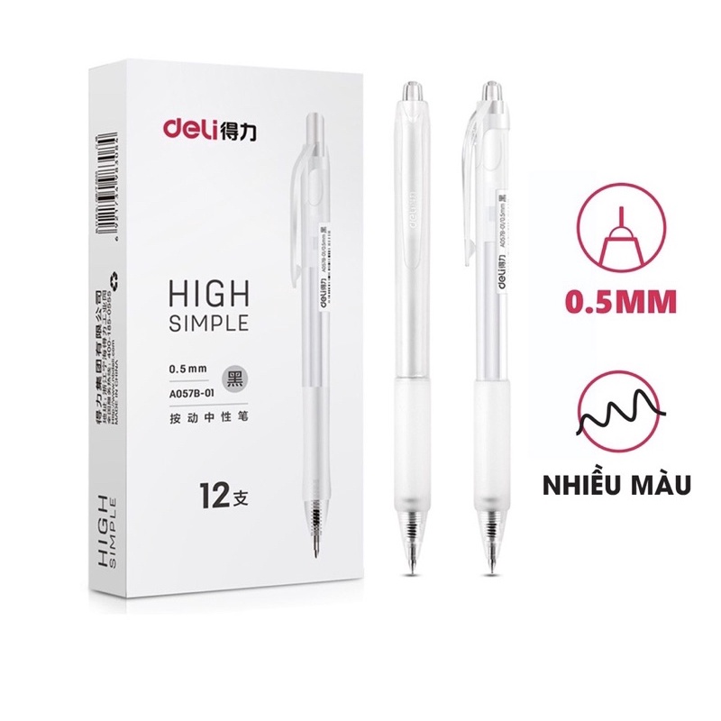 Bút gel bấm deli mực đen ngòi 0,5mm luyện viết chữ trung-nhật-Hàn