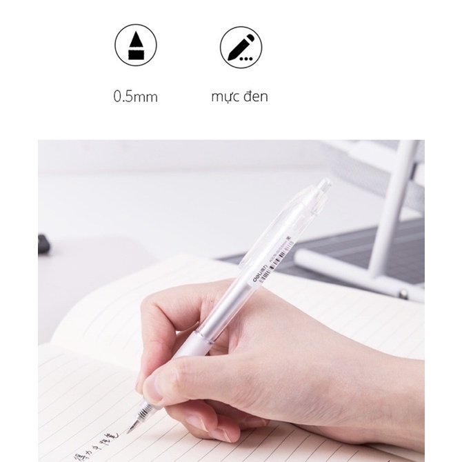 Bút gel bấm deli mực đen ngòi 0,5mm luyện viết chữ trung-nhật-Hàn