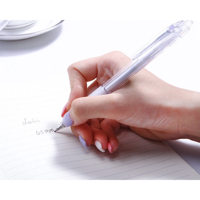 Bút gel bấm deli mực đen ngòi 0,5mm luyện viết chữ trung-nhật-Hàn