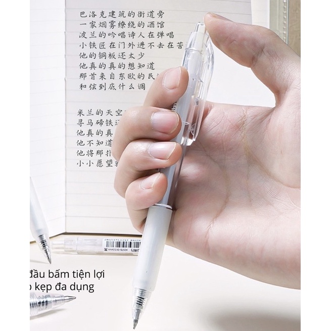 Bút gel bấm deli mực đen ngòi 0,5mm luyện viết chữ trung-nhật-Hàn