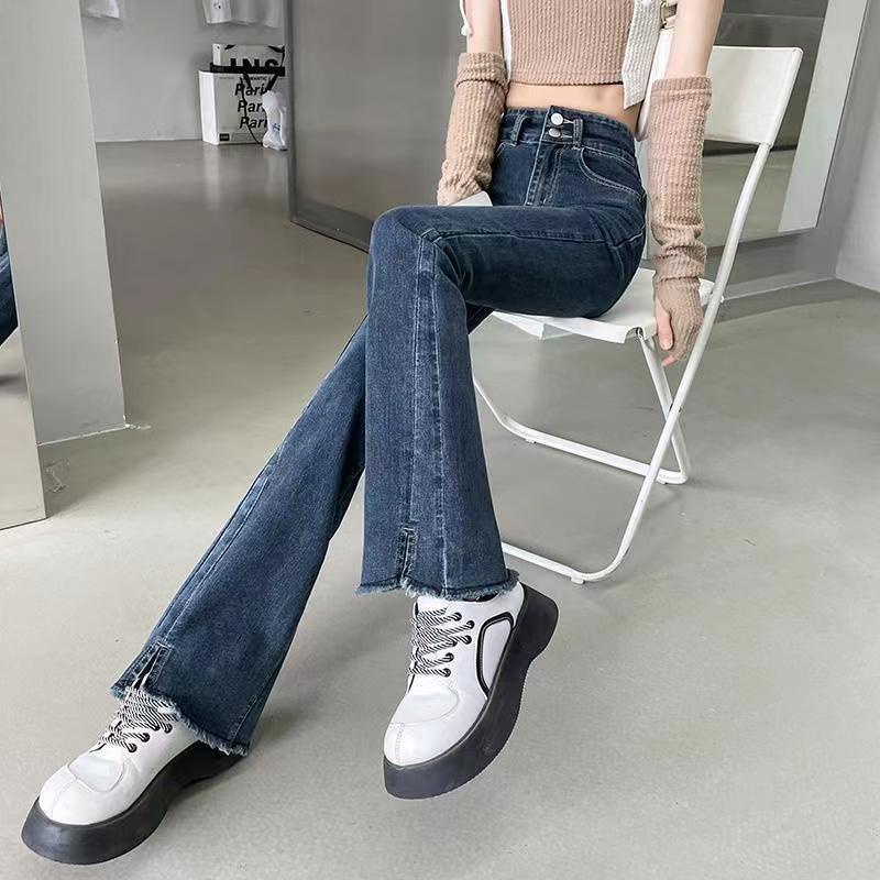 Off-white Quần Jean Ống Loe Lưng Cao Thời Trang Xuân Thu Cho Nữ