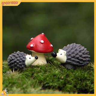 (greensea) Set mô hình 2 chú nhím và 1 cây nấm màu đỏ mini bằng nhựa resin trang trí vườn xinh xắn
