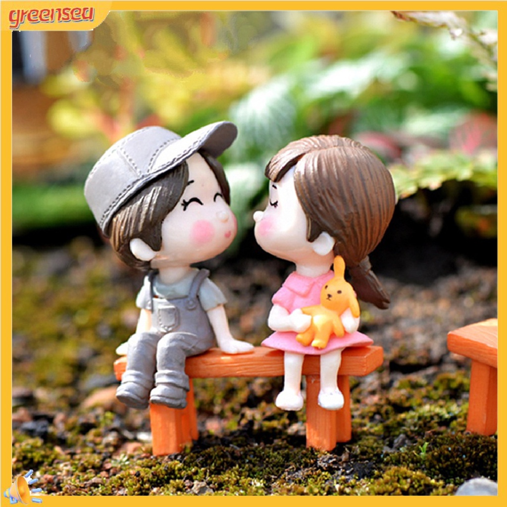 Set tượng bé trai + bé gái + băng ghế dùng trang trí tiểu cảnh độc đáo
