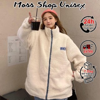 Áo khoác lông cừu pichi màu trắng xám, áo khoác cổ cao lông cừu dáng rộng 2 mặt logo thêu nổi MOSSSHOPUNISEX