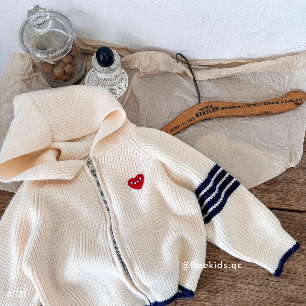 Áo khoác trẻ em bé trai bé gái BAE KIDS, áo khoác len cho bé 11kg đến 34kg có mũ đội đầu