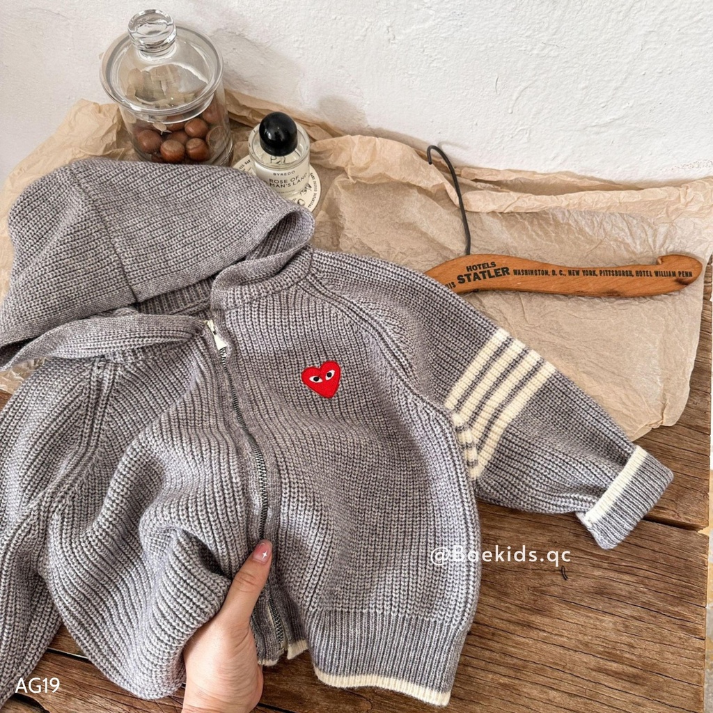 Áo khoác trẻ em bé trai bé gái BAE KIDS, áo khoác len cho bé 11kg đến 34kg có mũ đội đầu