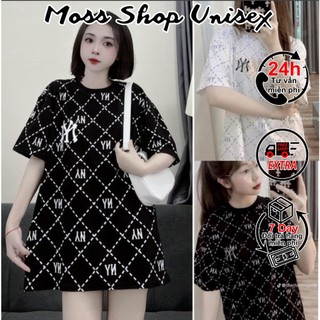 Áo thun tay lỡ unisex Logo NY phối ô vuông vạch đứt in kín MOSSSHOP - Áo phông nam nữ phong cách hàn quốc ulzzang