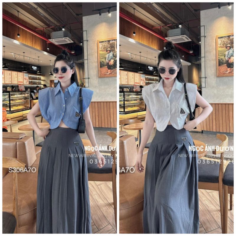Set Váy Nữ Áo Sơ Mi Kẻ Tay Hến Croptop Phối Logo Đá Mix Chân Váy Dáng Dài Màu Xám Phối Logo Sang Chảnh -S3067