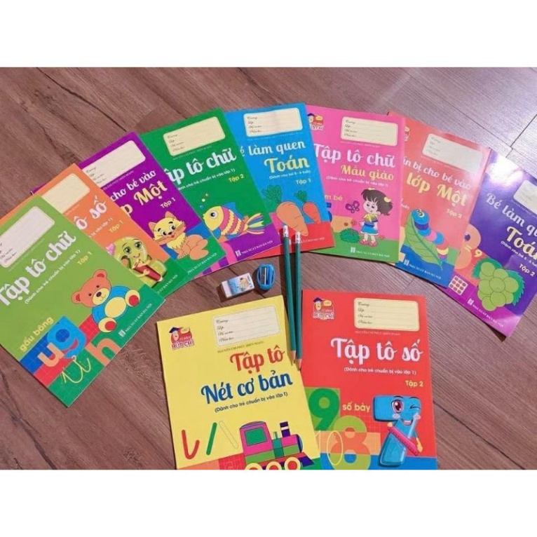 Sách - Bộ hành trang cho bé vào lớp 1 tập tô tập viết chữ, số - 10 quyển kèm bút chì và tẩy HM BOOK