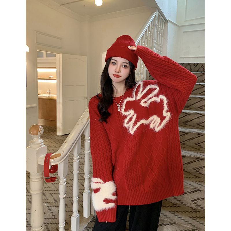 Jiashucheng Áo Sweater Dáng Rộng Mềm Thêu Hình Thỏ Phong Cách Giáng Sinh Màu Đỏ Sw
