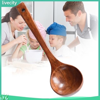 {livecity} Livecity Long Handle Wooden Ladle Soup Porridge Spoon Kitchen Cooking Tableware Tool