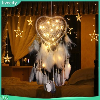 {livecity} Lưới bắt giấc mơ hình trái tim phối lông vũ + LED treo trang trí nhà