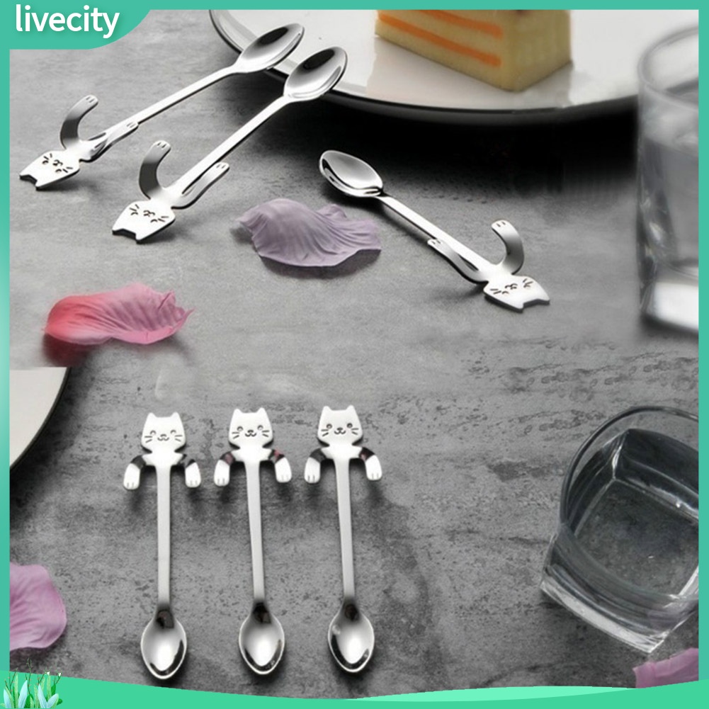 Muỗng tay cầm dài bằng inox kiểu hoạt hình mèo dễ thương