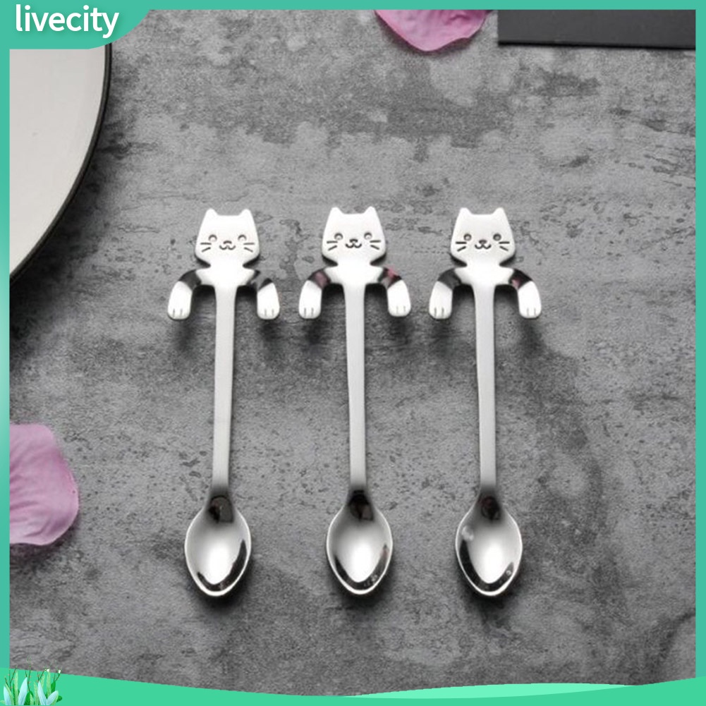 Muỗng tay cầm dài bằng inox kiểu hoạt hình mèo dễ thương