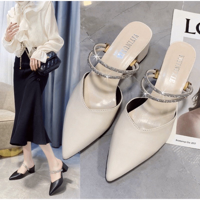 Siêu rẻ Giày cao gót bít mũi 5cm gót vuông hai màu đen kem SAM c56 xả kho thanh lý