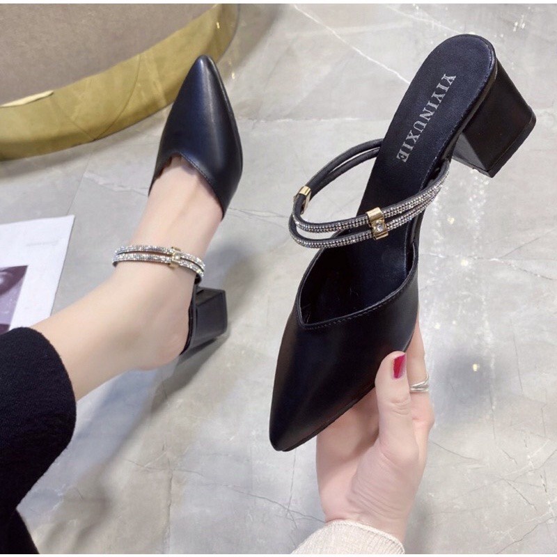 Siêu rẻ Giày cao gót bít mũi 5cm gót vuông hai màu đen kem SAM c56 xả kho thanh lý