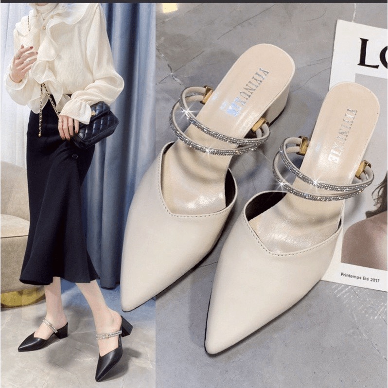 Siêu rẻ Giày cao gót bít mũi 5cm gót vuông hai màu đen kem SAM c56 xả kho thanh lý