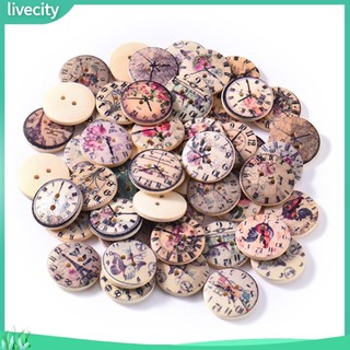 {livecity} Set 50 cúc áo bằng gỗ in họa tiết đồng hồ vintage