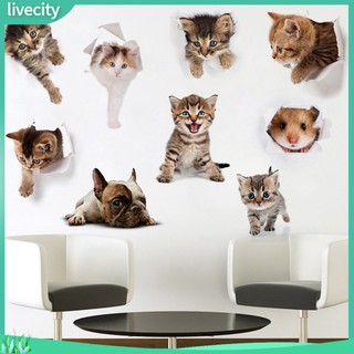 {livecity} Sticker dán tường họa tiết 3D hình con chó và con mèo dùng trang trí nhà tắm , phòng ngủ