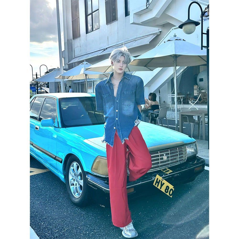 Áo Sơ Mi Denim Tay Ngắn Có Đệm Vai Mỏng Thời Trang Mùa Hè Cho Nam