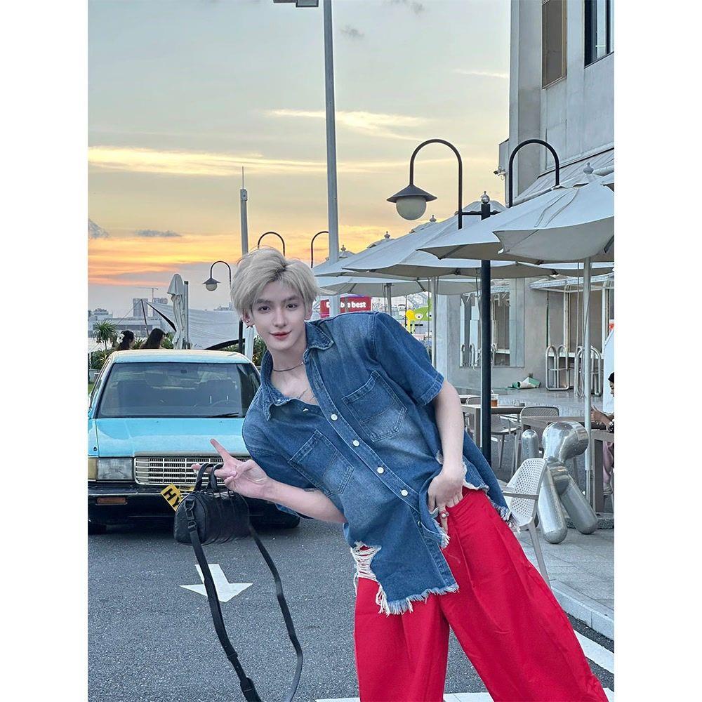 Áo Sơ Mi Denim Tay Ngắn Có Đệm Vai Mỏng Thời Trang Mùa Hè Cho Nam