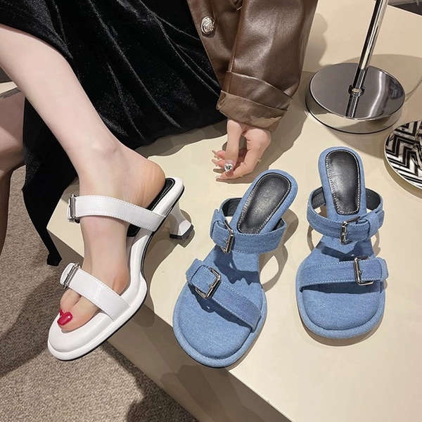 Giày Cao Gót Sandal Vải Denim Phối Khóa Thời Trang Pháp Quý Phái Dành Cho Nữ