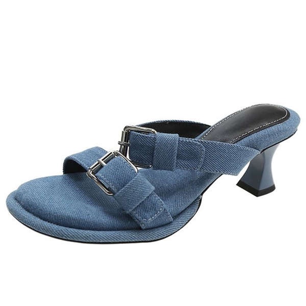Giày Cao Gót Sandal Vải Denim Phối Khóa Thời Trang Pháp Quý Phái Dành Cho Nữ