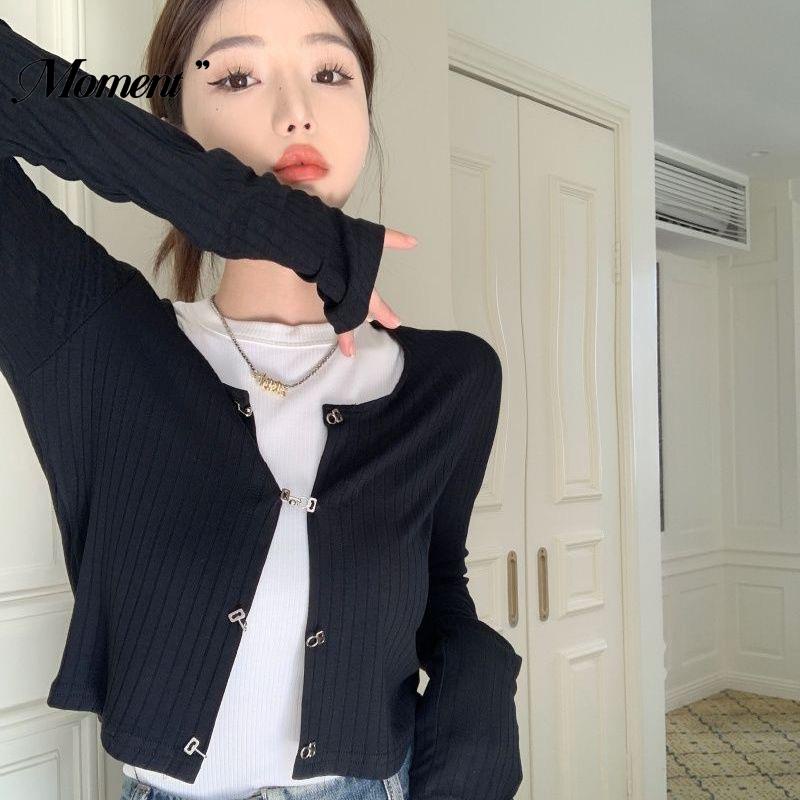 Áo Cardigan Dệt Kim Tay Dài Màu Đen Lưng Cao Thời Trang Xuân Thu Dành Cho Nữ