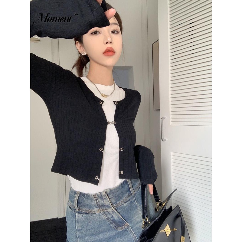 Áo Cardigan Dệt Kim Tay Dài Màu Đen Lưng Cao Thời Trang Xuân Thu Dành Cho Nữ