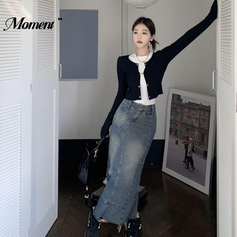 Áo Cardigan Dệt Kim Tay Dài Màu Đen Lưng Cao Thời Trang Xuân Thu Dành Cho Nữ