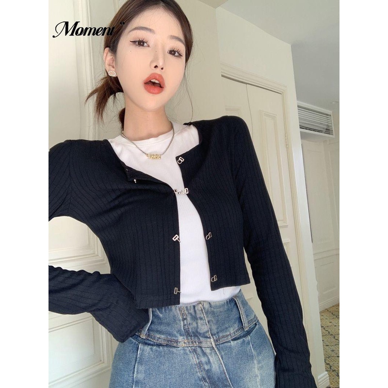 Áo Cardigan Dệt Kim Tay Dài Màu Đen Lưng Cao Thời Trang Xuân Thu Dành Cho Nữ