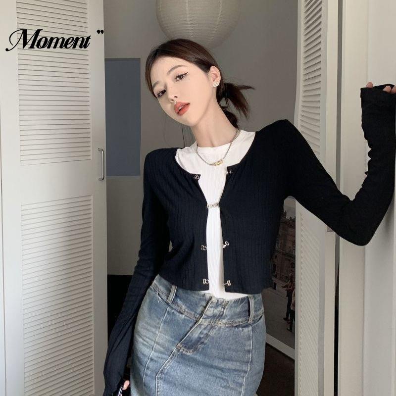 Áo Cardigan Dệt Kim Tay Dài Màu Đen Lưng Cao Thời Trang Xuân Thu Dành Cho Nữ