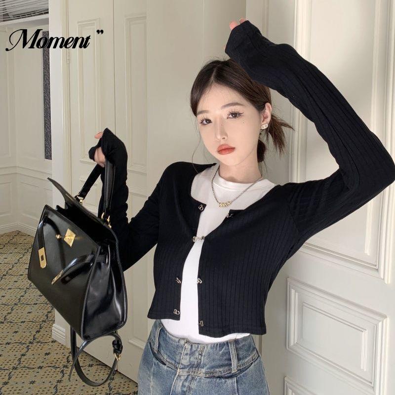 Áo Cardigan Dệt Kim Tay Dài Màu Đen Lưng Cao Thời Trang Xuân Thu Dành Cho Nữ