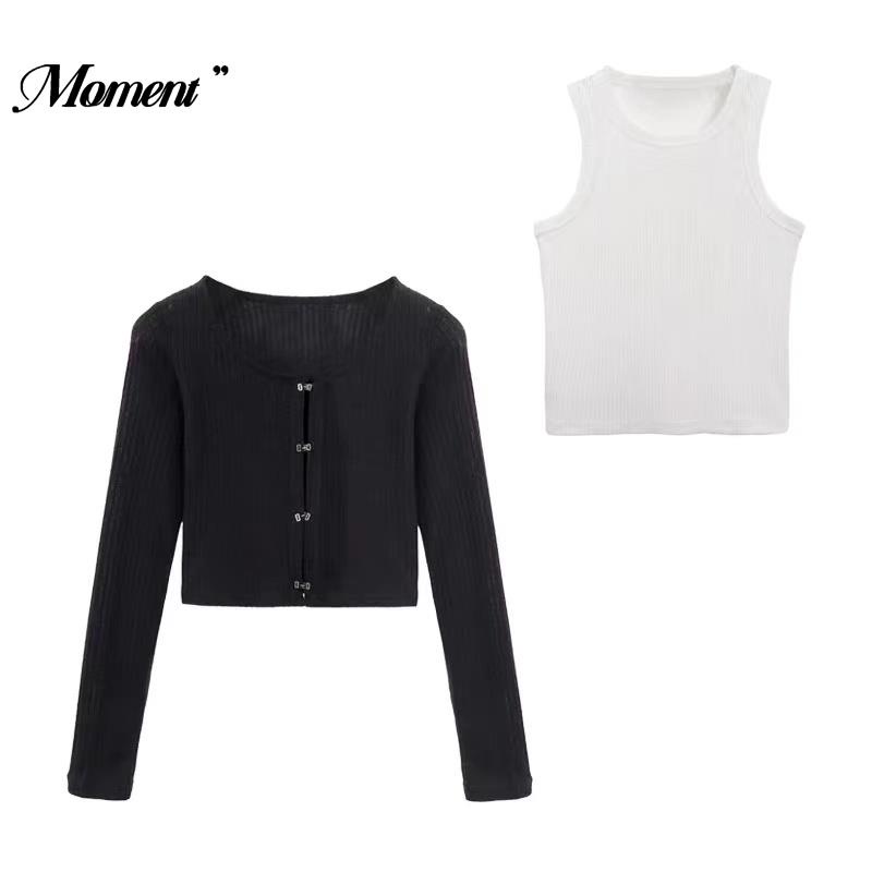 Áo Cardigan Dệt Kim Tay Dài Màu Đen Lưng Cao Thời Trang Xuân Thu Dành Cho Nữ