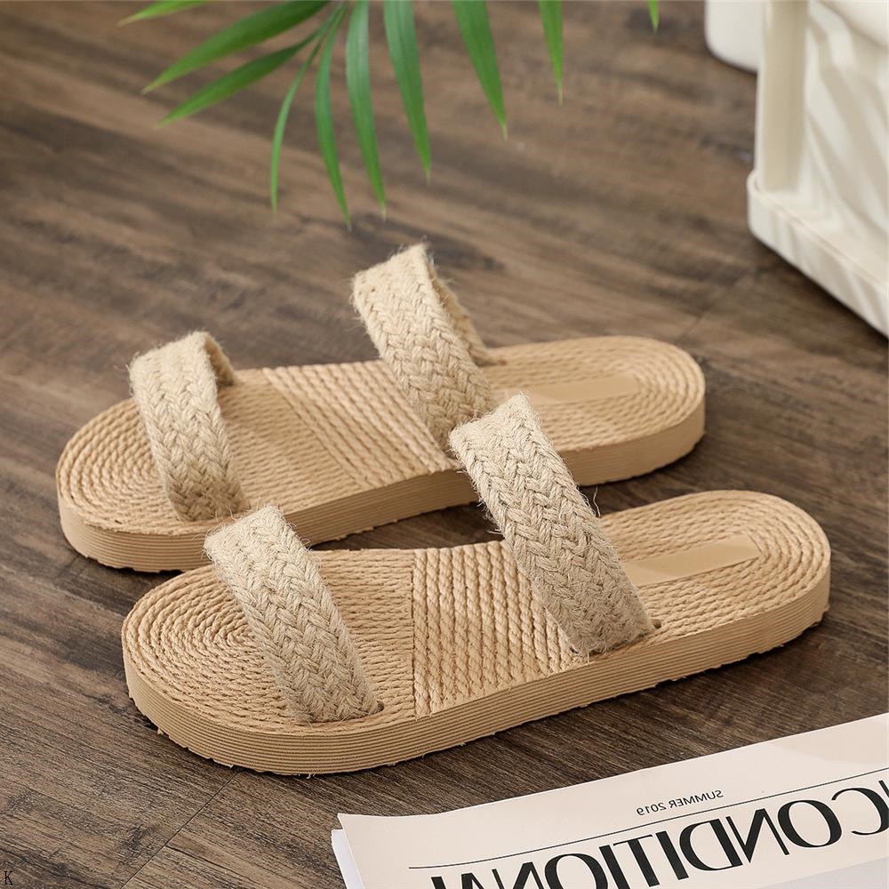 Dép Sandal Đế Bệt Giả Cói Lanh Phong Cách Dân Tộc Thời Trang Mùa Hè Hàn Quốc 2023 Dành Cho Bạn Nữ Mang Đi Biển / Du Lịch