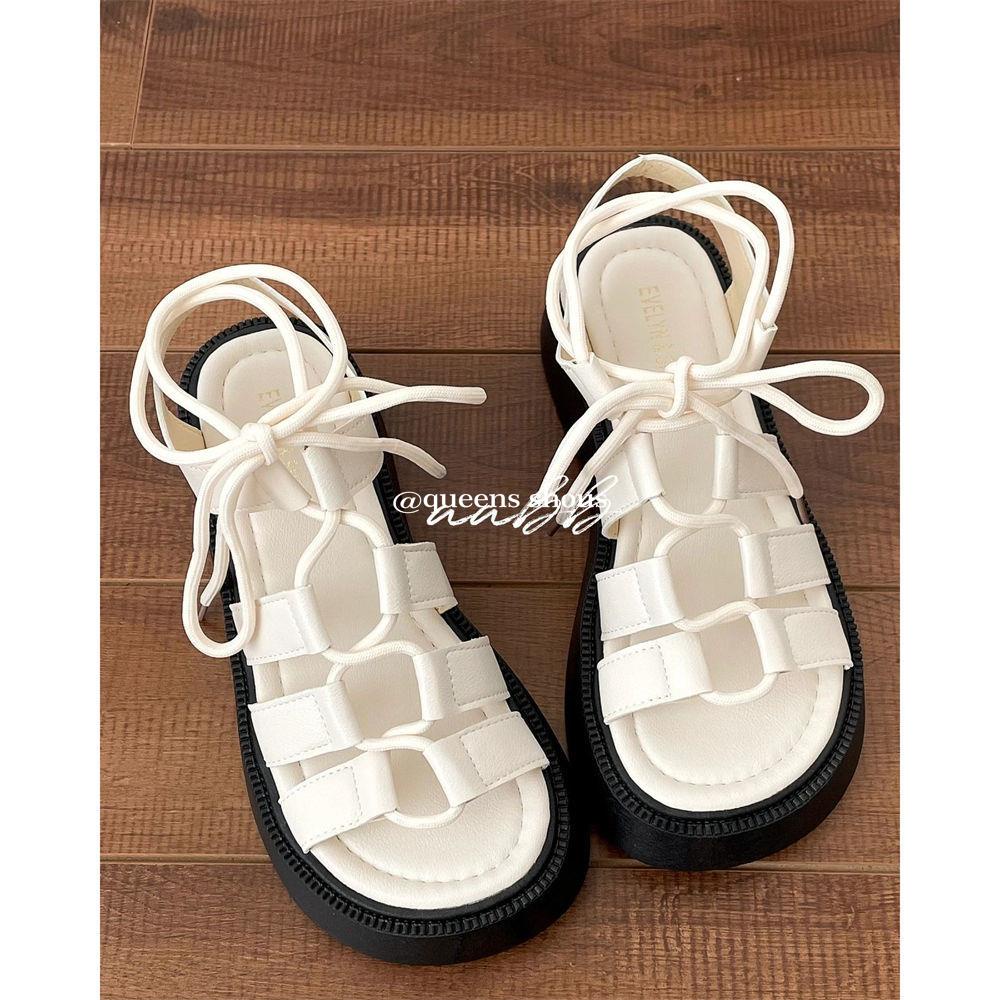 Giày Sandal Đế Dày Mùa Hè 2022 Phong Cách La Mã Cổ Điển Cột Dây Màu Đen Hợp Thời Trang Cho Nữ