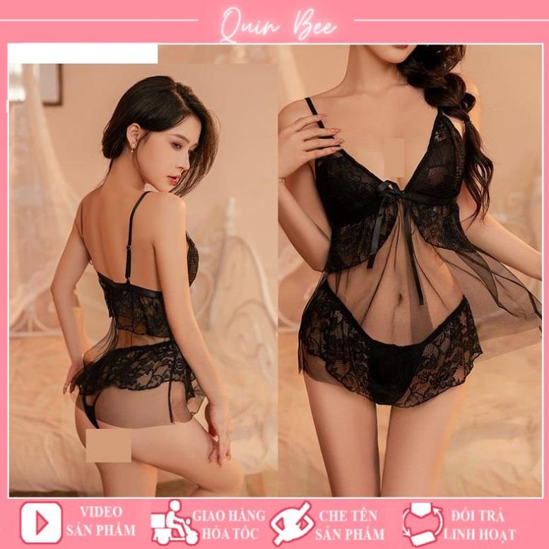 Bộ Ngủ Sexy Voan Phối Ren Gợi Cảm Tiểu Thư Cao Cấp BN147 - Đen trắng - Sỉ lẻ Xả Kho Thanh Lý Mrs.Uyen