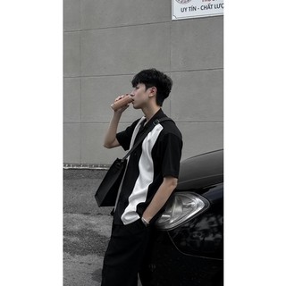 Áo sơ mi cổ danton, phối màu, dáng suông, chất liệu lụa [America Cuban Collar Shirt]