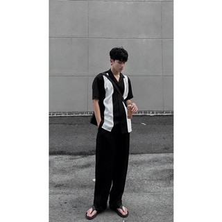 Áo sơ mi cổ danton, phối màu, dáng suông, chất liệu lụa [America Cuban Collar Shirt]