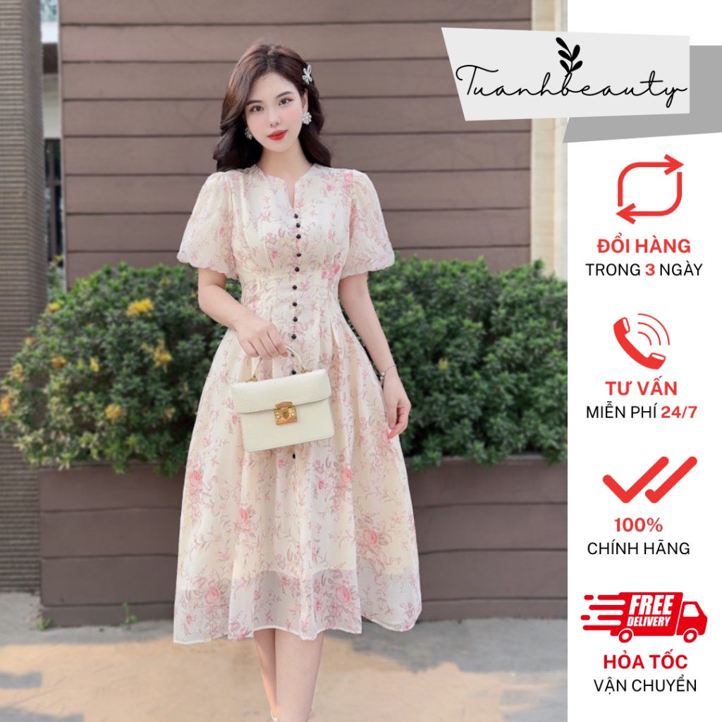 Váy tơ hoa cổ tàu đính cúc sành điệu