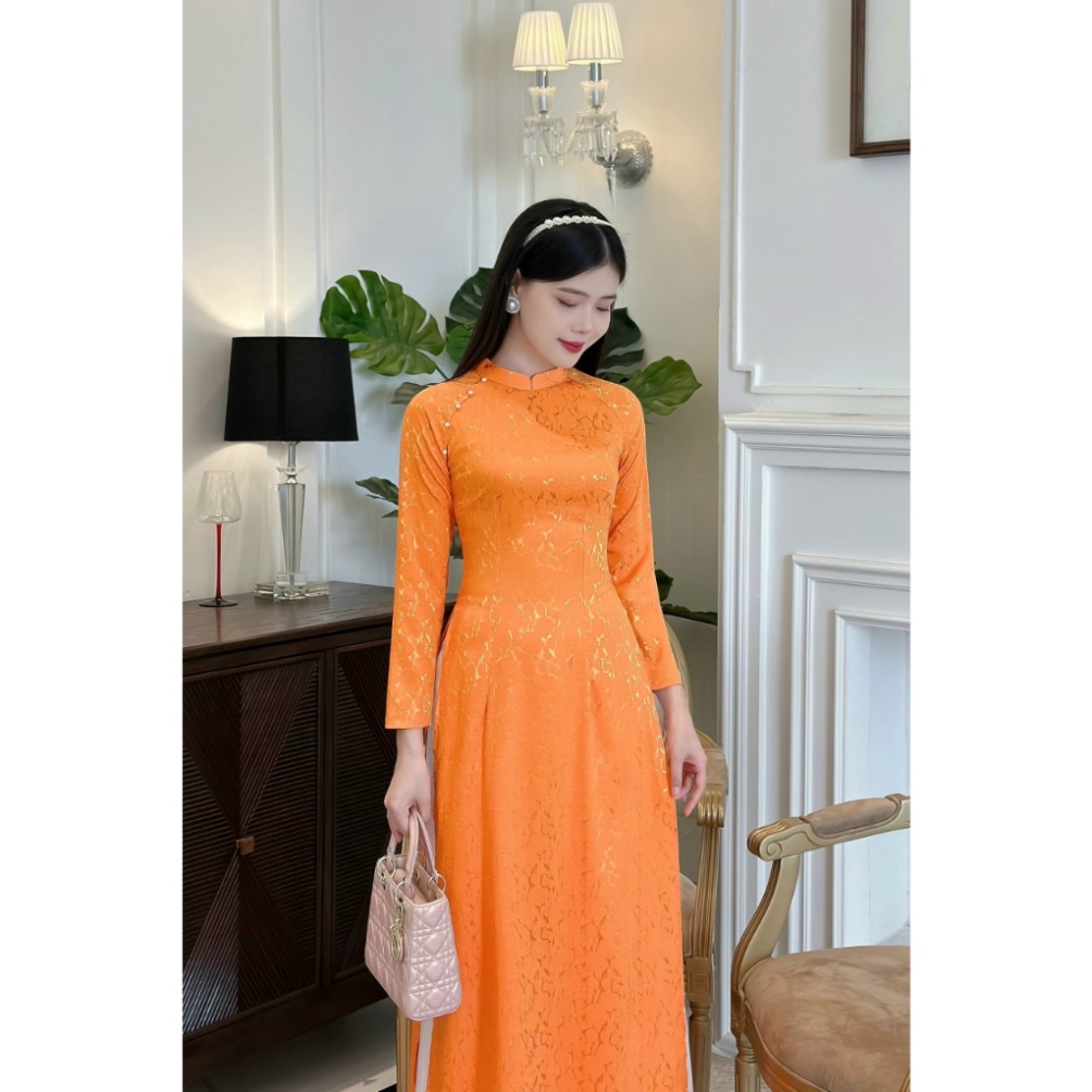 Áo dài cách tân nữ Áo dài truyền thống chất gấm kết ngọc dịu dàng màu cam - Áo Dài Sài Gòn H&T