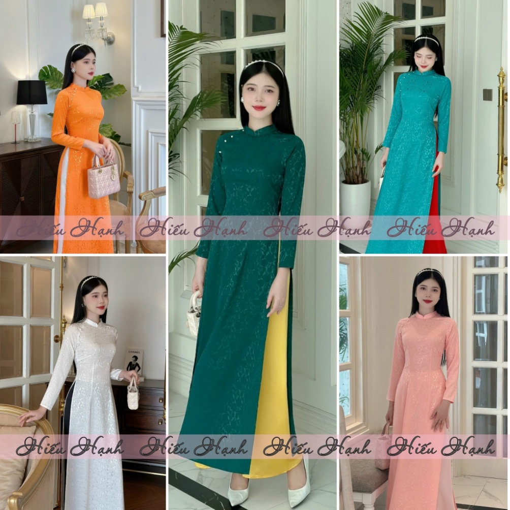 Áo dài cách tân nữ Áo dài truyền thống chất gấm kết ngọc dịu dàng màu cam - Áo Dài Sài Gòn H&T