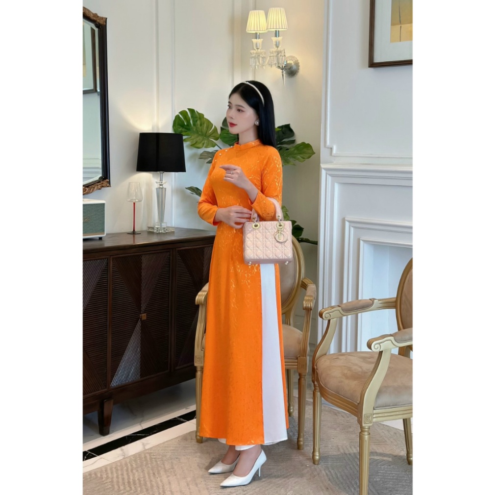 Áo dài cách tân nữ Áo dài truyền thống chất gấm kết ngọc dịu dàng màu cam - Áo Dài Sài Gòn H&T