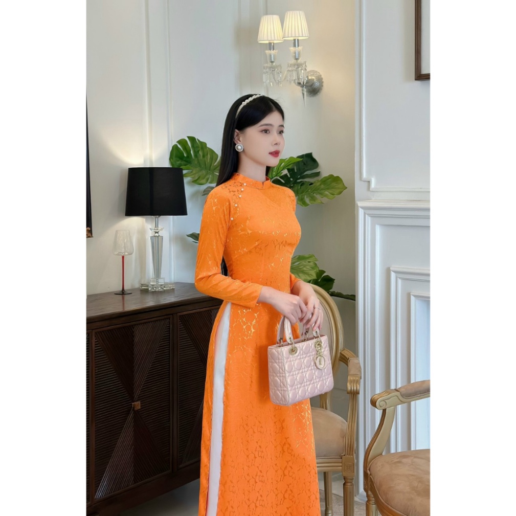 Áo dài cách tân nữ Áo dài truyền thống chất gấm kết ngọc dịu dàng màu cam - Áo Dài Sài Gòn H&T