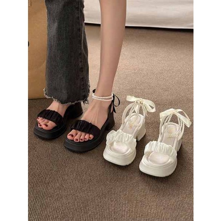 Dép bánh mì 2023 mẫu mới nơ ngọc trai lưới đế dày tăng gót thô nữ