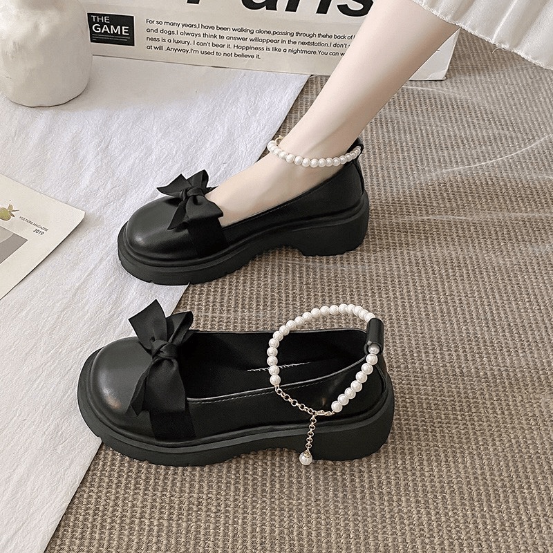 Siêu rẻ  Giày Búp Bê LOLITA Nữ Quai ngọc Mũi Nơ Đế cao 6 phân Kiểu dáng Hàn Quốc SÀNH ĐIỆU xả kho thanh lý