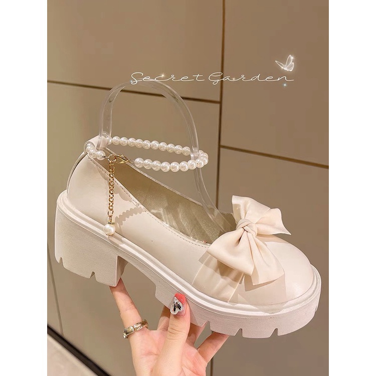 Siêu rẻ  Giày Búp Bê LOLITA Nữ Quai ngọc Mũi Nơ Đế cao 6 phân Kiểu dáng Hàn Quốc SÀNH ĐIỆU xả kho thanh lý