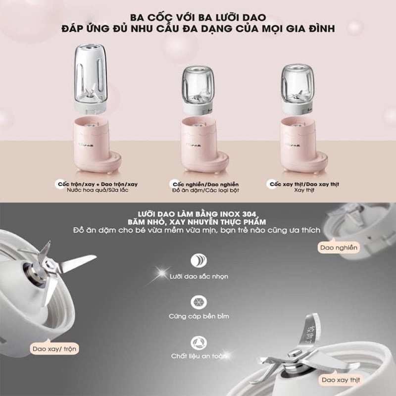 Máy xay ăn dặm sinh tố hoa quả trái cây 3 cối thuỷ tinh cho bé BEAR màu hồng